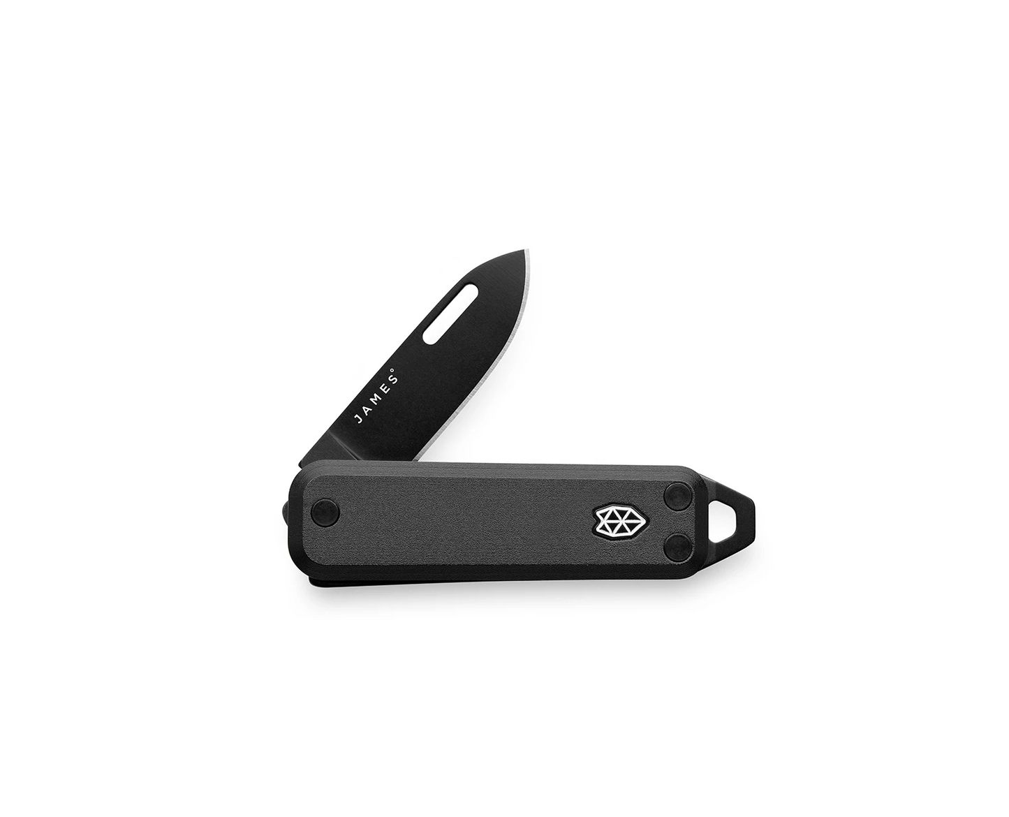 The Elko keychain knife with a black blade and black handle.